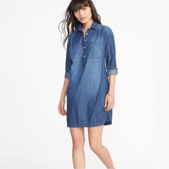 Old Navy Dresses & Skirts - Old Navy Denim Shirt Dress Women L Blue Long Sleeve Mini Coastal Cowgirl Western